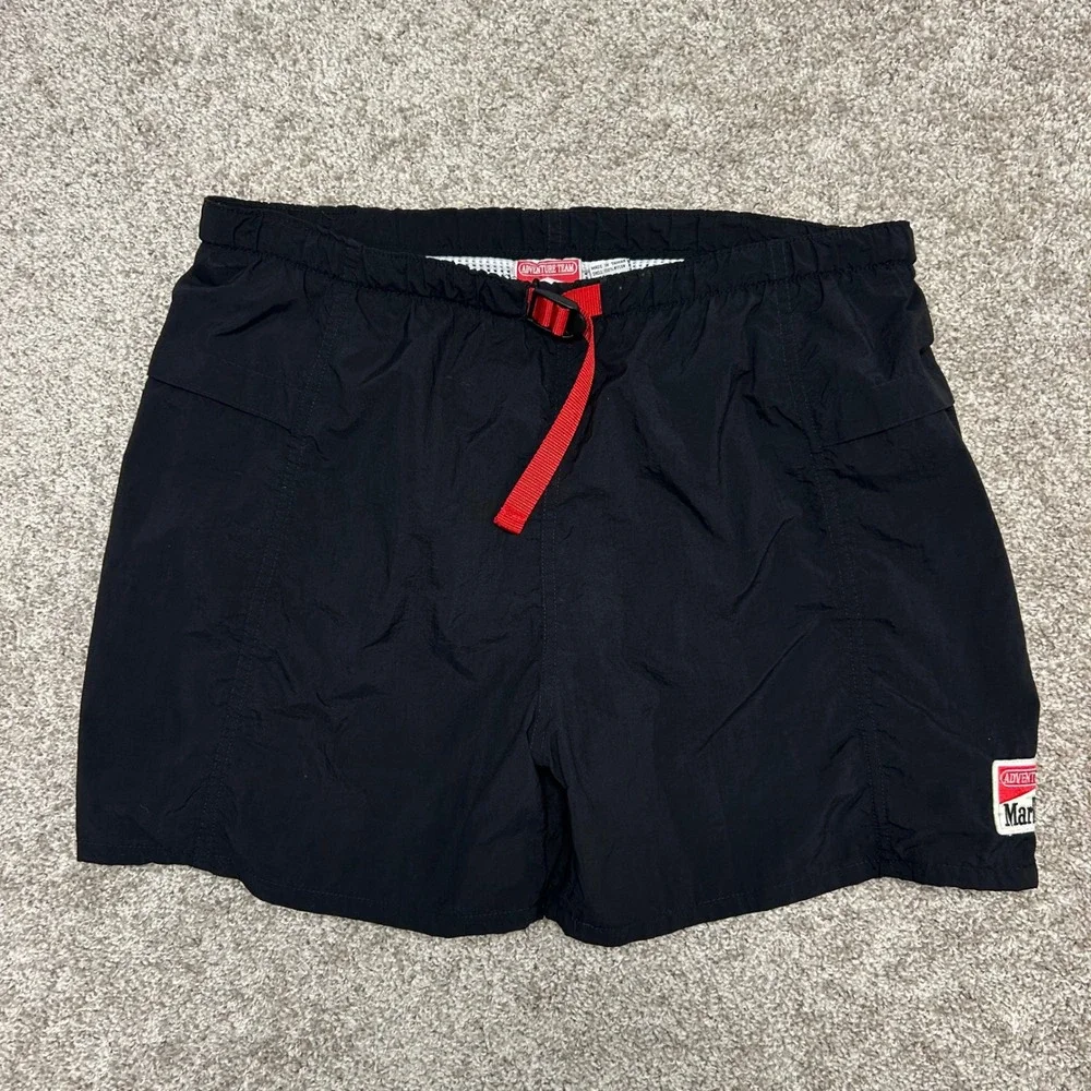 Vintage 90s Marlboro Swim Trunks Men Size Medium Black Mesh Lined Belted